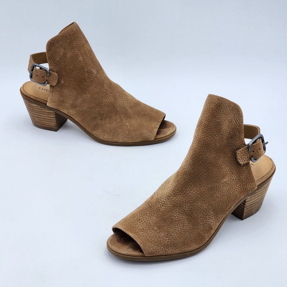 Lucky Brand Bray Buckle Slingback Peep Toe Booties Sandals Brown Size 7.5